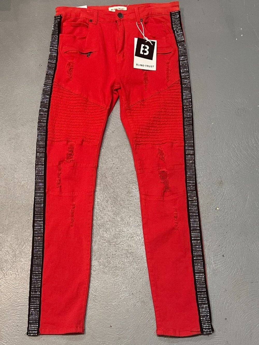 Blind Trust Mens 32x32 Y2K Red Distressed Moto Jeans Rhinestone Stripe Slim NWT